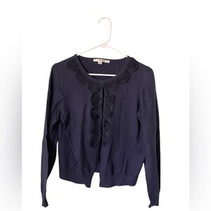 Boden Cashmere Angora Blend Navy Cardigan Sweater With Rosette Appliqué Sz 10